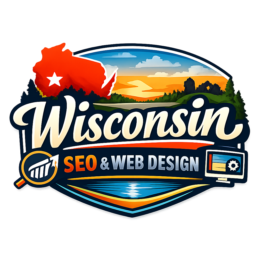 Logo showing Wisconsin state outline, nature scenery, and SEO and web design text with icons.