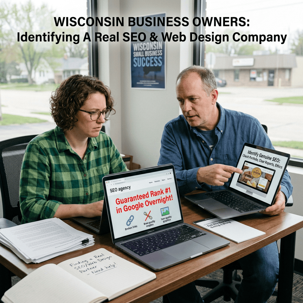 Wisconsin Business Owners: Identifying A Real SEO & Web Design Company; laptops warn against guaranteed Google rankings and promote genuine SEO practices.